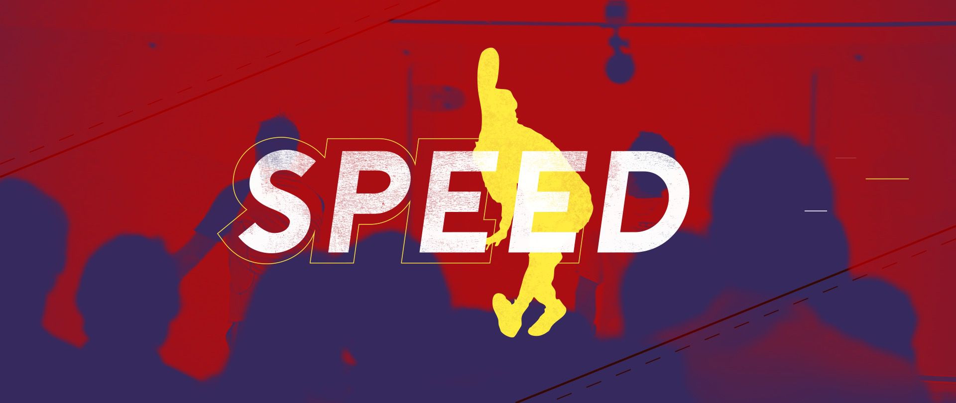 Dynamic speed concept with yellow runner silhouette and bold SPEED text on red and blue background.